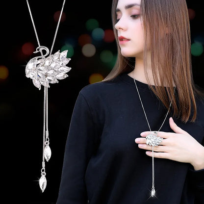 Fashion Black Rose Flower Long Necklace Sweater Chain Metal Crystal Pendant Necklaces Adjusted