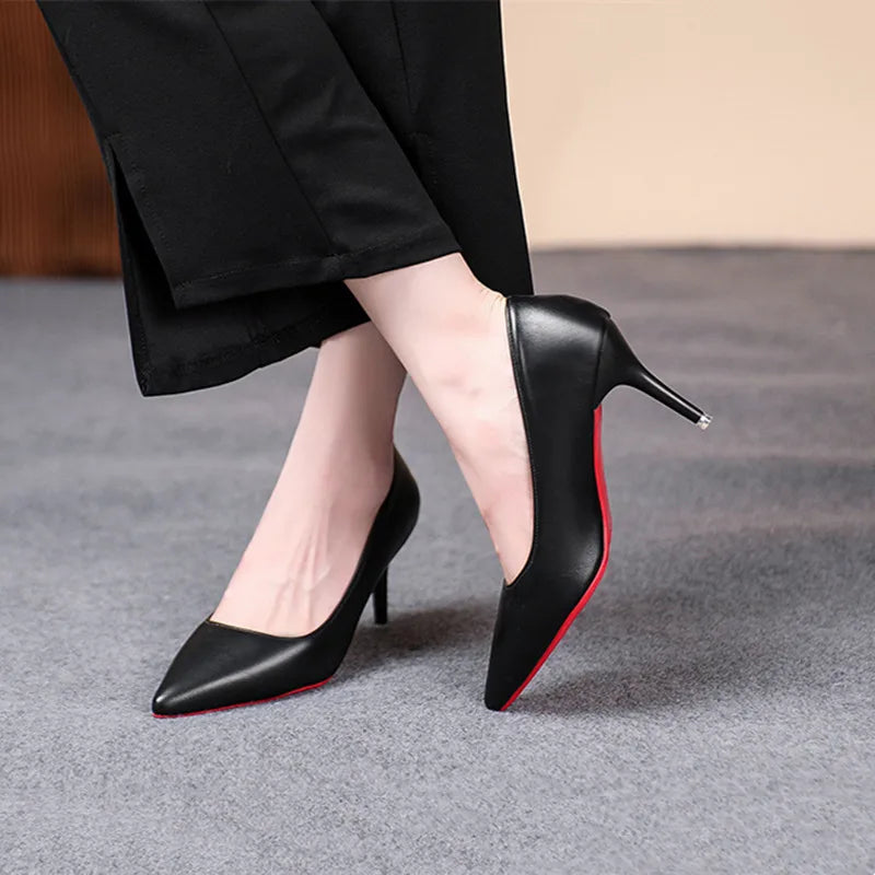 Sexy Fashion Red Sole Women's Pumps Matte Leather Stiletto Heels Shoes Classic Black Career Work Dress Shoes Ladies High Heels ﻿