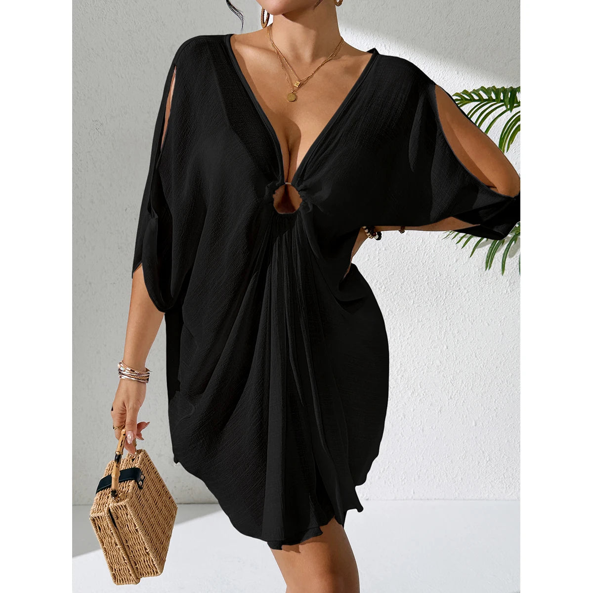 Pure Color V-Neck Lightweight Transparent Loose Dress, Beach Style Casual Comfort Sun Protection Cover Up, Fashion Beachwear