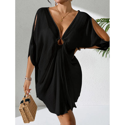 Pure Color V-Neck Lightweight Transparent Loose Dress, Beach Style Casual Comfort Sun Protection Cover Up, Fashion Beachwear