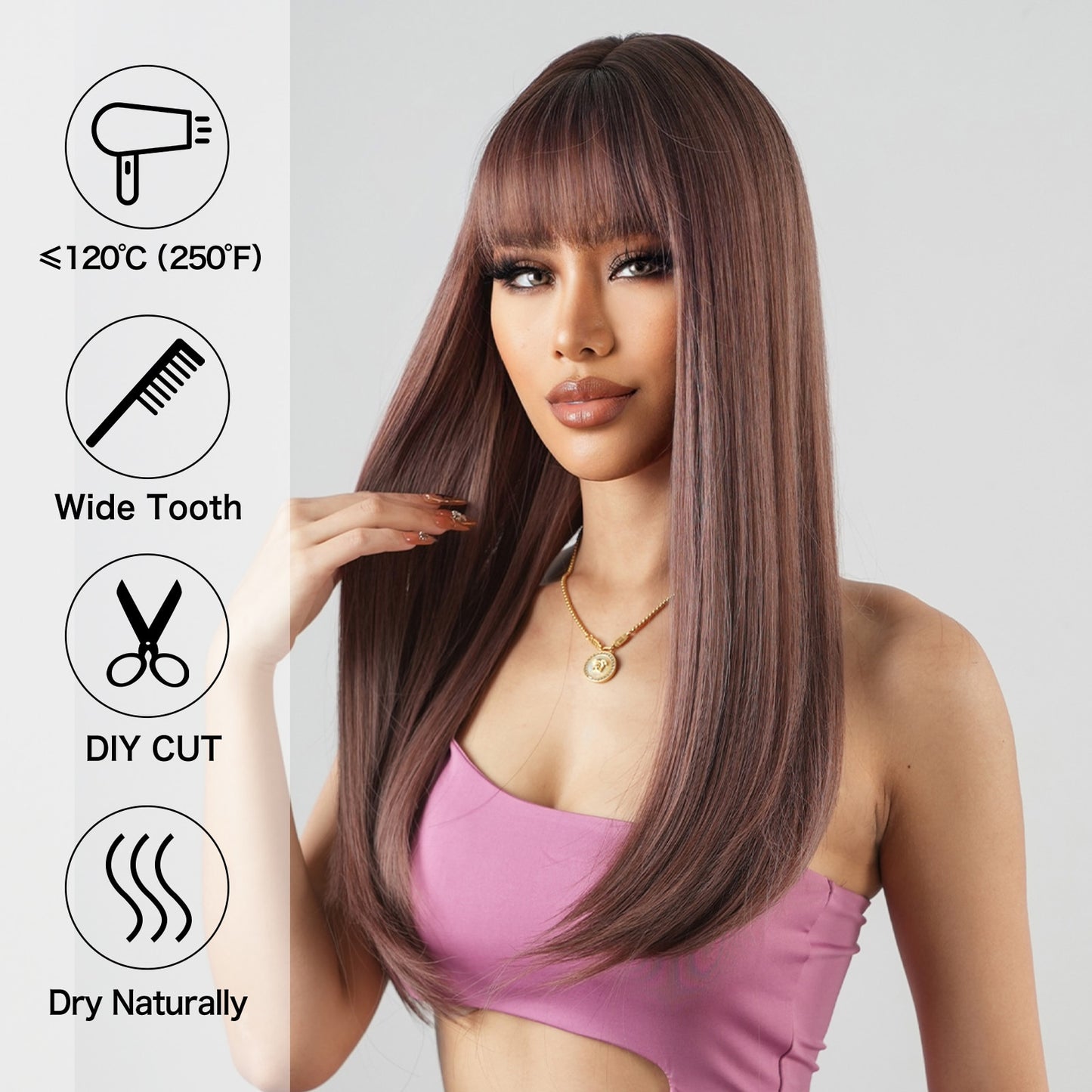 Pink Light Purple Cosplay Synthetic Long Straight Wigs Brown Fake Hairs Wig with Full Bangs for Women Daily Party Heat Resistant