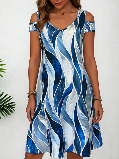 Women's Blue White Abstract Wave Print Cold Shoulder Dress, Summer Casual V Neck Short Sleeve Flowy Sundress