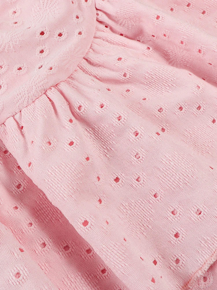 Women's Solid Colour Burned Flower Embroidery Ruffled Hem Mini Sleeveless Dress Elegant, Sensual, Pink Girly Style