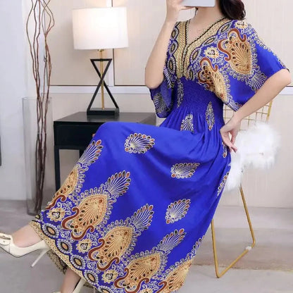 Elegant Vintage Women's Midi Dress V-Neck Retro Print Dress High Street Office Lady's Dress Short Sleeve A-Line Dress Boho Chic