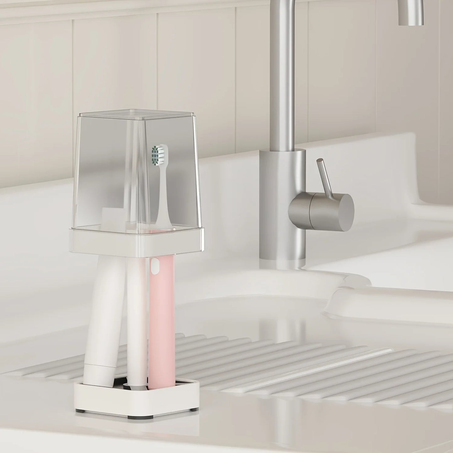 2 Pieces/1 Piece, Toothbrush Holder Set - Space Saving Couple Toothbrush Holder, Toothbrush Holder with Cup/Lid Contains 4 Slots