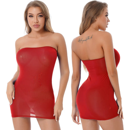 Womens Bodycon Mini Dress Sexy Lingerie Strapless Zipper Transparent Tube Dress Erotic Babydoll Stretchy Nightwear Sleepwear