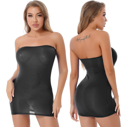 Womens Bodycon Mini Dress Sexy Lingerie Strapless Zipper Transparent Tube Dress Erotic Babydoll Stretchy Nightwear Sleepwear