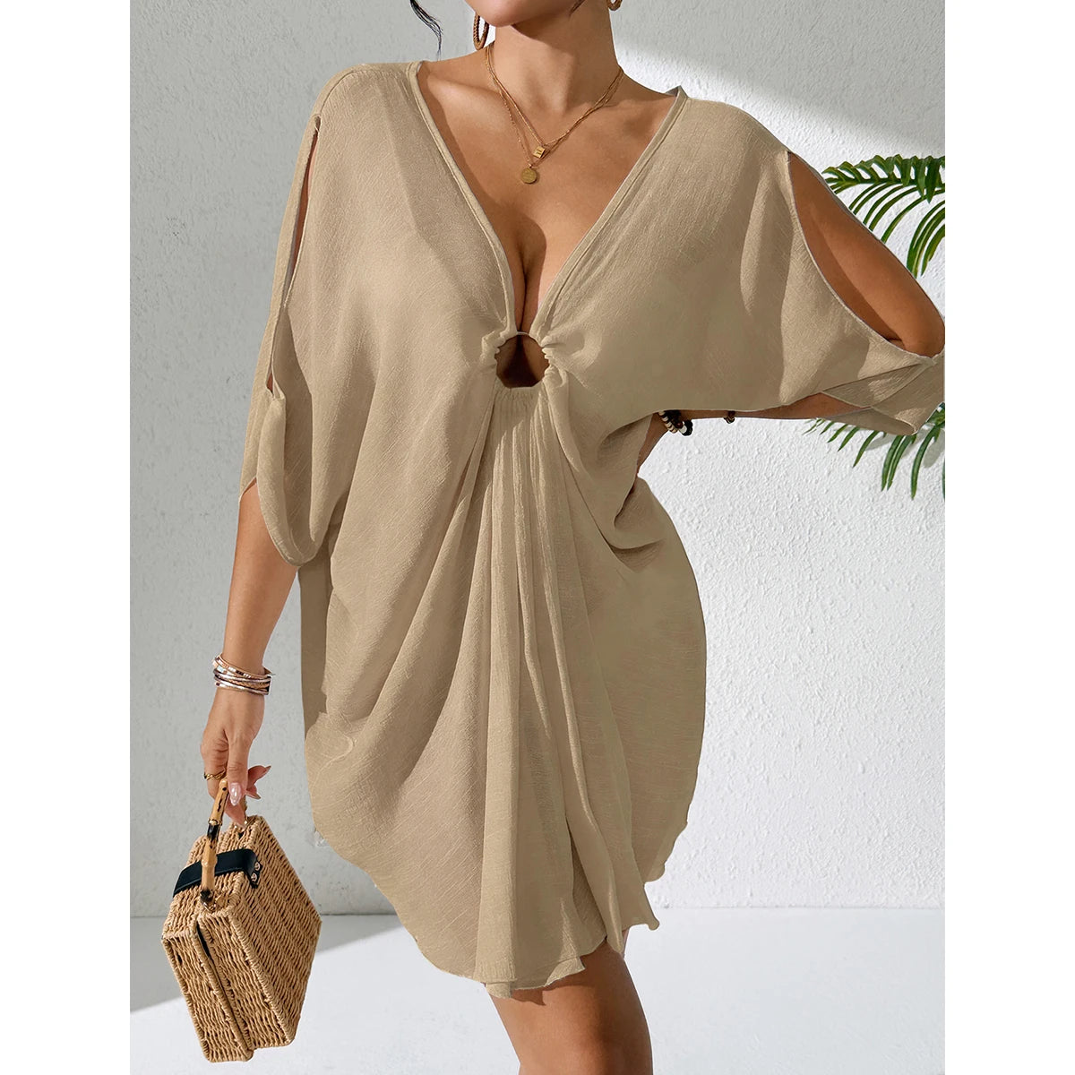 Pure Color V-Neck Lightweight Transparent Loose Dress, Beach Style Casual Comfort Sun Protection Cover Up, Fashion Beachwear