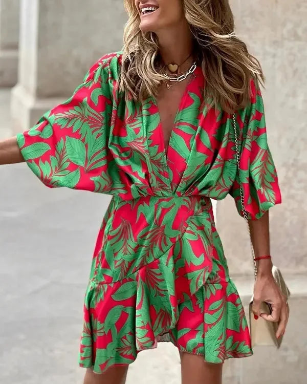 Women Print Dress Sexy V-Neck Bat Sleeve Ruffl Flowers Print Bohemian Beach Sundress Ladies Loose Summer Vacation Mini Dresses