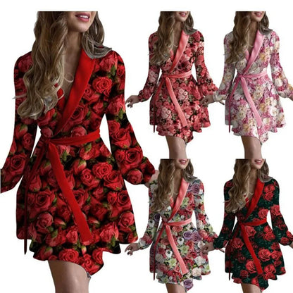 Autumn New Rose Blossom Printed Polo Collar Long sleeved Dress