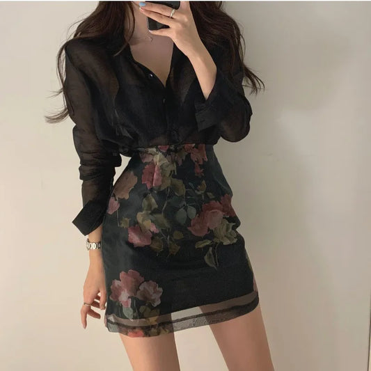 Korea Chic Elegant Women 2 Piece Sets Sexy See-through Long-sleeved Shirt+High Waist A-line Floral Print Skirt Sets 2pc OL Suits