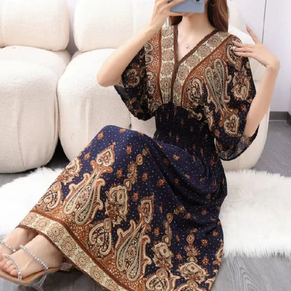 Elegant Vintage Women's Midi Dress V-Neck Retro Print Dress High Street Office Lady's Dress Short Sleeve A-Line Dress Boho Chic