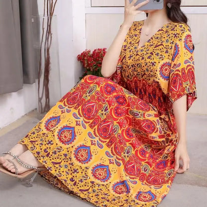 Elegant Vintage Women's Midi Dress V-Neck Retro Print Dress High Street Office Lady's Dress Short Sleeve A-Line Dress Boho Chic