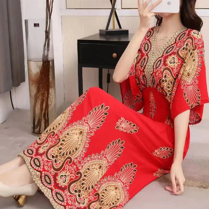 Elegant Vintage Women's Midi Dress V-Neck Retro Print Dress High Street Office Lady's Dress Short Sleeve A-Line Dress Boho Chic