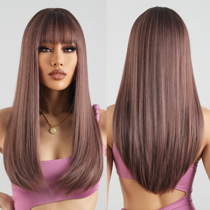 Pink Light Purple Cosplay Synthetic Long Straight Wigs Brown Fake Hairs Wig with Full Bangs for Women Daily Party Heat Resistant