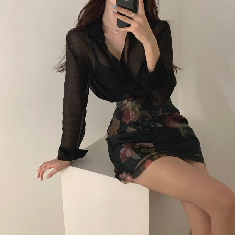 Korea Chic Elegant Women 2 Piece Sets Sexy See-through Long-sleeved Shirt+High Waist A-line Floral Print Skirt Sets 2pc OL Suits