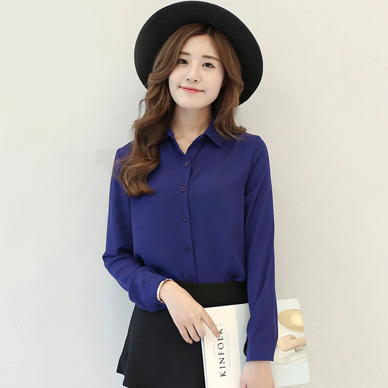 2025 Autumn Women's Solid Color Lapel Long Sleeve Chiffon Shirts Simple Casual Loose Woman Blouse and Tops Office Lady Clothes
