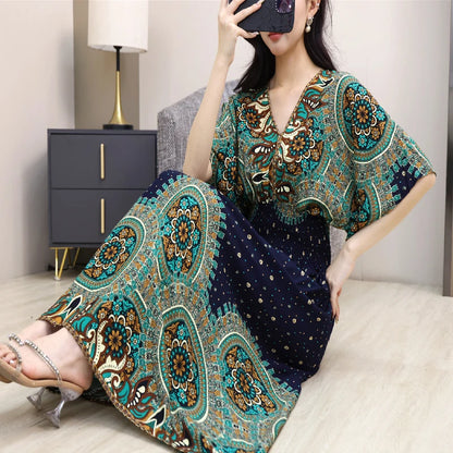 Elegant Vintage Women's Midi Dress V-Neck Retro Print Dress High Street Office Lady's Dress Short Sleeve A-Line Dress Boho Chic