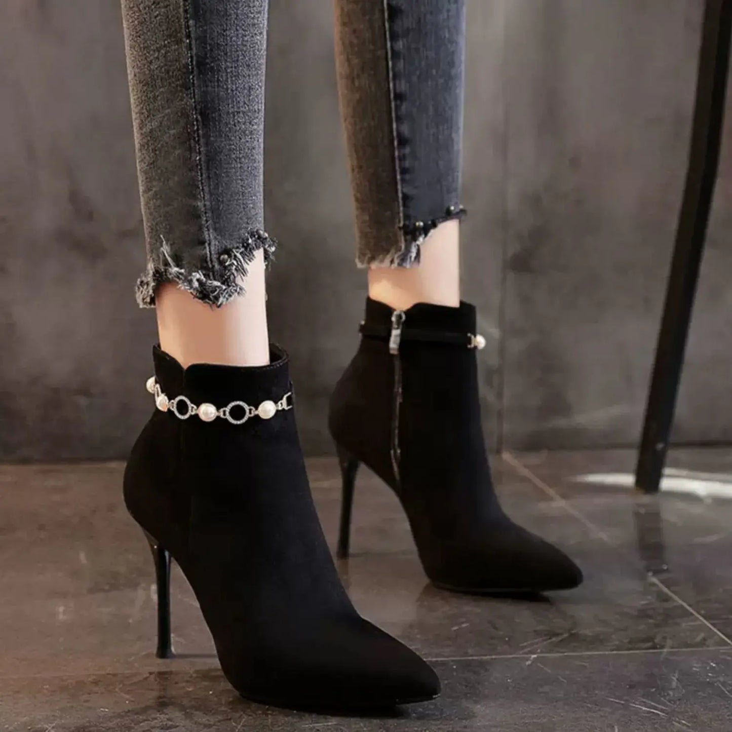 Booties Pointed Toe Sexy Women's Ankle Boots Stripper Heeled Footwear Very High Heels Pole Short Shoes for Woman Rhinestone Boot