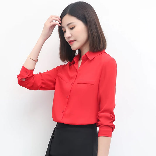 2025 Autumn Women's Solid Color Lapel Long Sleeve Chiffon Shirts Simple Casual Loose Woman Blouse and Tops Office Lady Clothes
