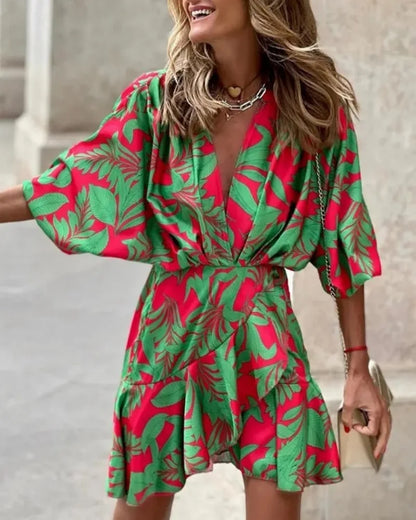 Women Print Dress Sexy V-Neck Bat Sleeve Ruffl Flowers Print Bohemian Beach Sundress Ladies Loose Summer Vacation Mini Dresses