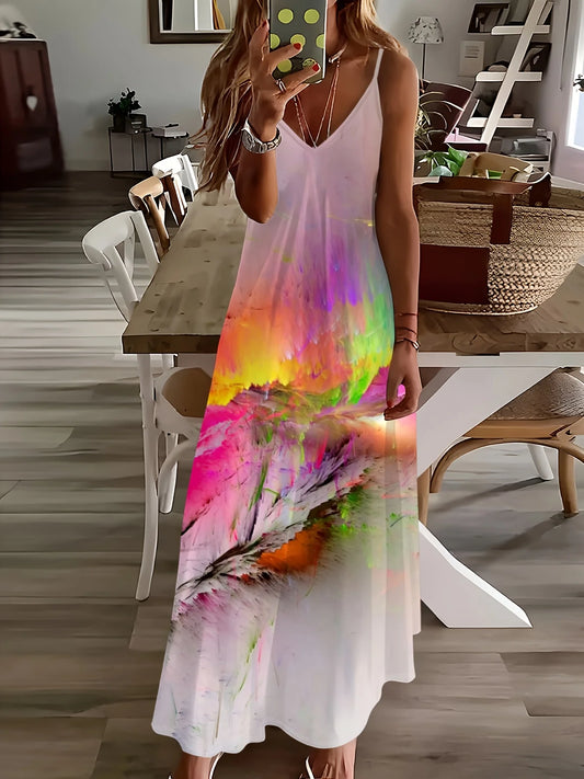 Printed Design Colorful Abstract Watercolor Art Design Four Seasons elegant style casual style sling dress