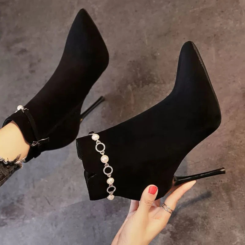 Booties Pointed Toe Sexy Women's Ankle Boots Stripper Heeled Footwear Very High Heels Pole Short Shoes for Woman Rhinestone Boot