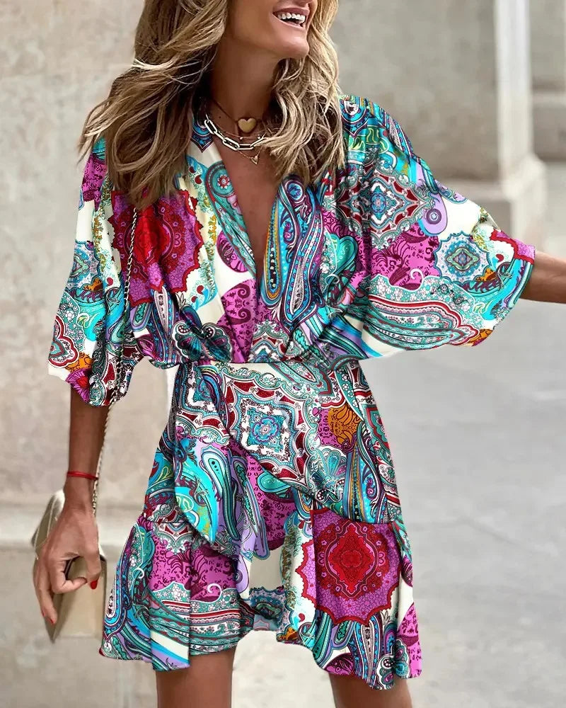 Women Print Dress Sexy V-Neck Bat Sleeve Ruffl Flowers Print Bohemian Beach Sundress Ladies Loose Summer Vacation Mini Dresses