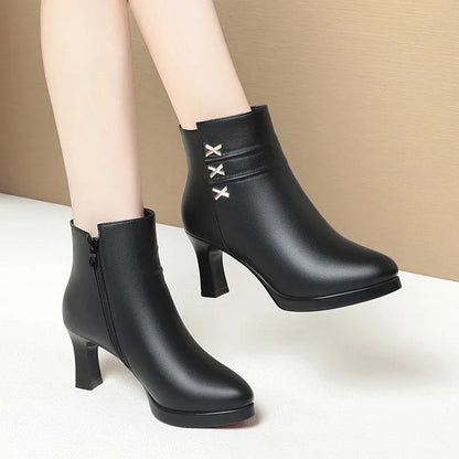 Elegant Office Ladies Soft Leather Boots with fur Fall Winter Block High Heels Ankle Boots Plush for Mom Daily