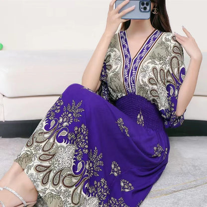 Elegant Vintage Women's Midi Dress V-Neck Retro Print Dress High Street Office Lady's Dress Short Sleeve A-Line Dress Boho Chic