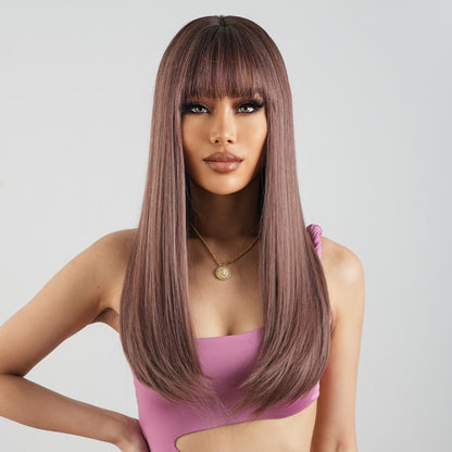 Pink Light Purple Cosplay Synthetic Long Straight Wigs Brown Fake Hairs Wig with Full Bangs for Women Daily Party Heat Resistant