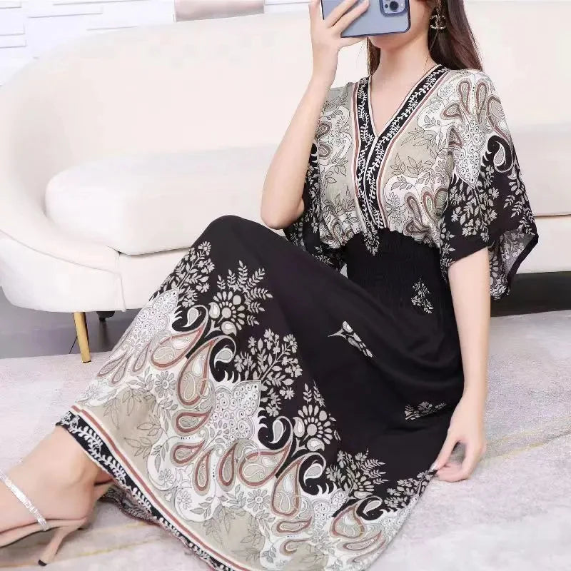Elegant Vintage Women's Midi Dress V-Neck Retro Print Dress High Street Office Lady's Dress Short Sleeve A-Line Dress Boho Chic