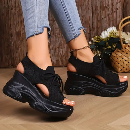 New Summer Fashion Comfortable Round-toe Wedge Light Roman Sandals Non-slip Thick-soled Lace-up Casual Sneakers for Women