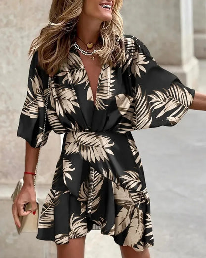 Women Print Dress Sexy V-Neck Bat Sleeve Ruffl Flowers Print Bohemian Beach Sundress Ladies Loose Summer Vacation Mini Dresses