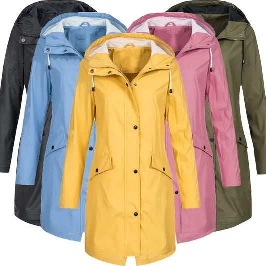 2025 New Arrival Women Clothes Solid Rain Waterproof Jacket Coat Outdoor Hoodie Long Overcoat Plus Size Duster Coats For Women