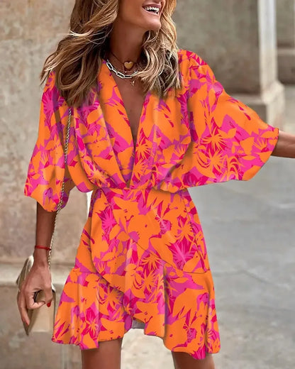 Women Print Dress Sexy V-Neck Bat Sleeve Ruffl Flowers Print Bohemian Beach Sundress Ladies Loose Summer Vacation Mini Dresses