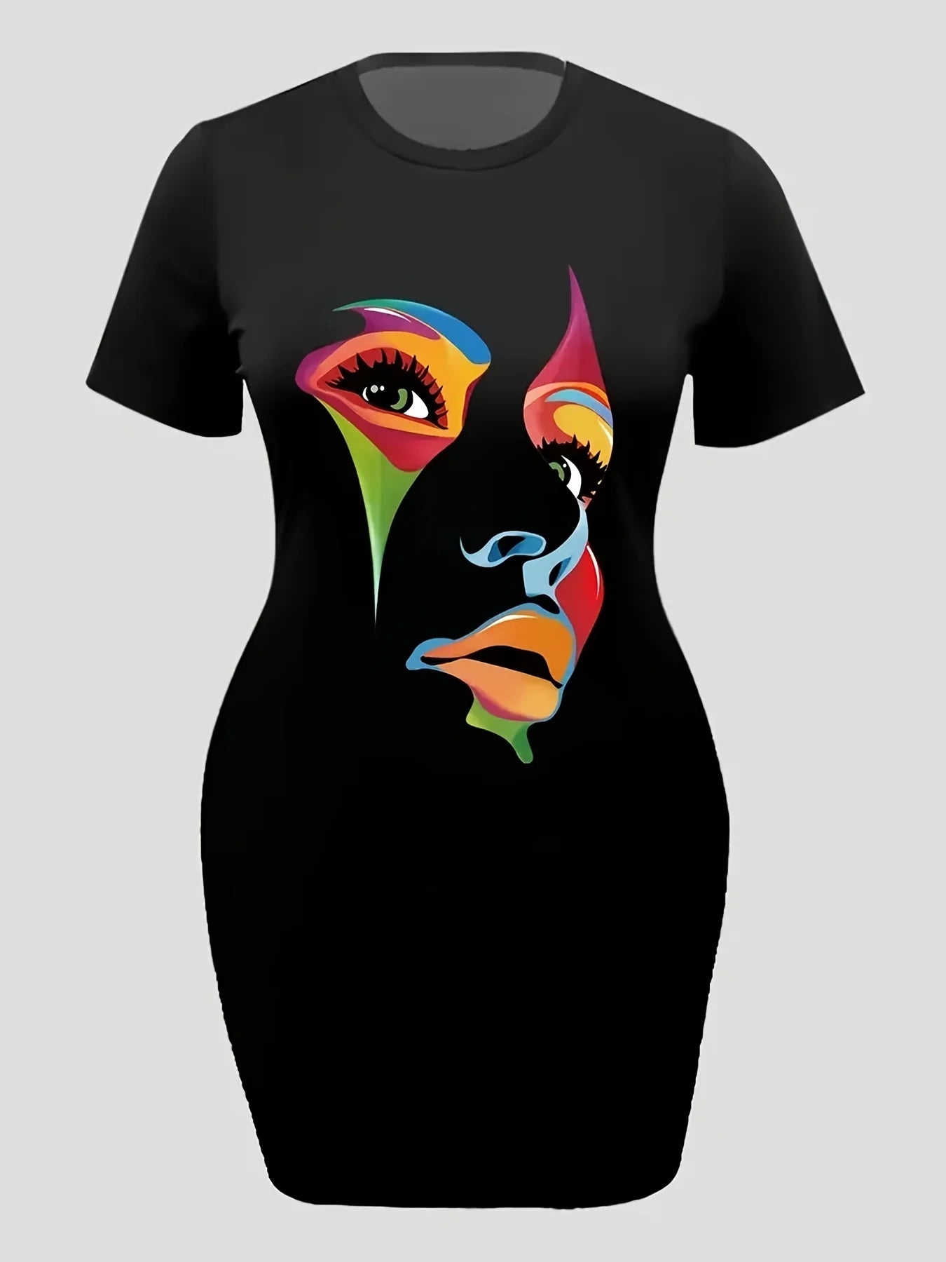 Women's Summer Casual Abstract Portrait Print Loose Large Round Neck Short Sleeve T-shirt Dress