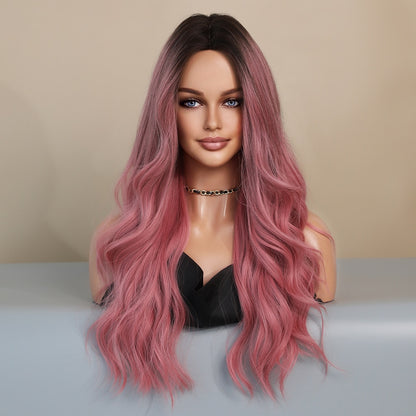 Pink Red Long Wave Women Wig with Bangs Top Brown Heat Resistant Synthetic Wig Party Daily Use Female Hair Cosplay Mermaid Wig