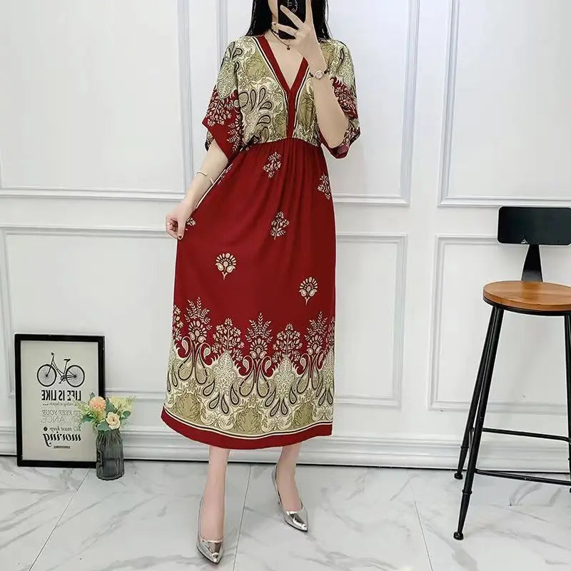 Elegant Vintage Women's Midi Dress V-Neck Retro Print Dress High Street Office Lady's Dress Short Sleeve A-Line Dress Boho Chic
