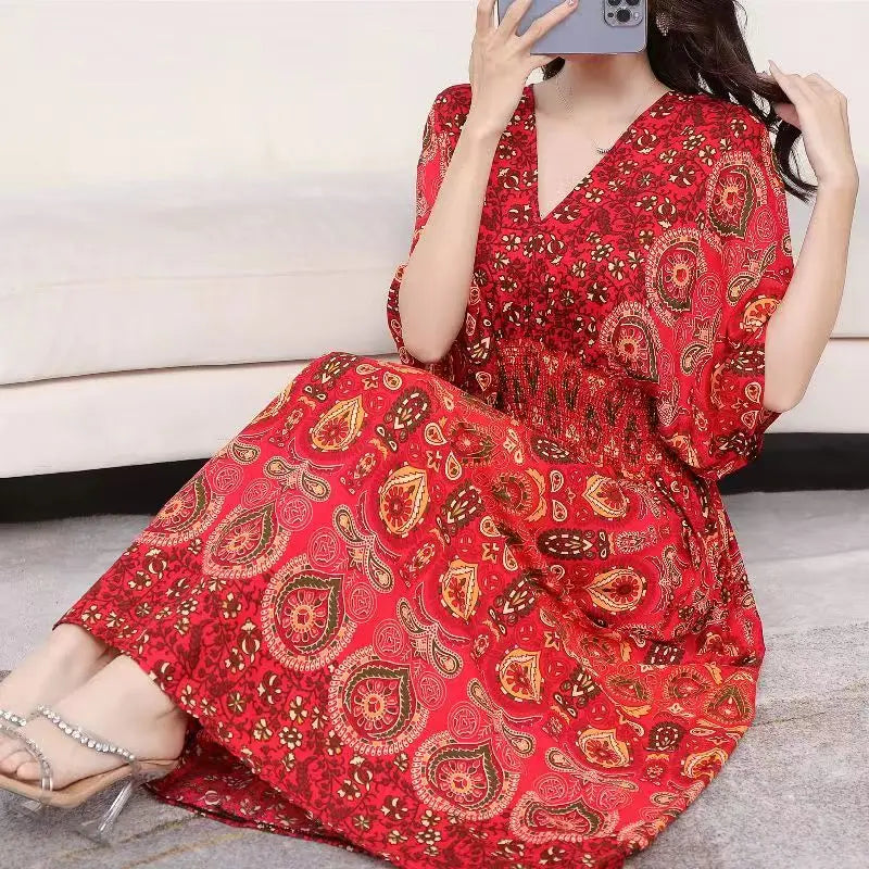 Elegant Vintage Women's Midi Dress V-Neck Retro Print Dress High Street Office Lady's Dress Short Sleeve A-Line Dress Boho Chic
