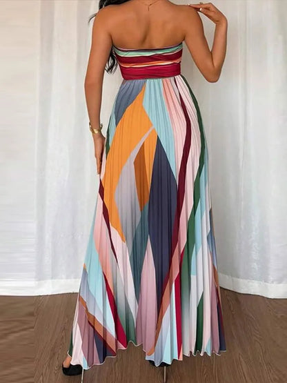 Women's Strapless Long Dresses Sleeveless Backless A-Line Dress Rainbow Stripe Color Folds Clothes High Waist Big Skirt Hem Max