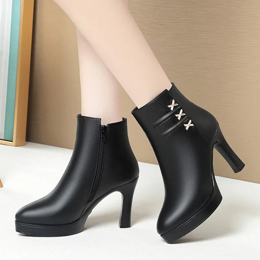 Elegant Office Ladies Soft Leather Boots with fur Fall Winter Block High Heels Ankle Boots Plush for Mom Daily