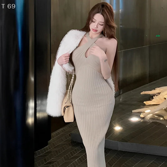Korean nightclub style Knitted Cross Halter Dress Women's Sheath Hollow Backless Wrapped Long Dresses