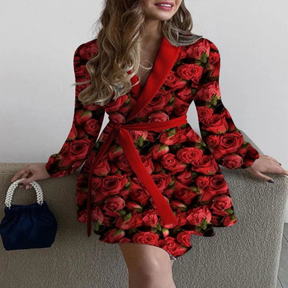 Autumn New Rose Blossom Printed Polo Collar Long sleeved Dress