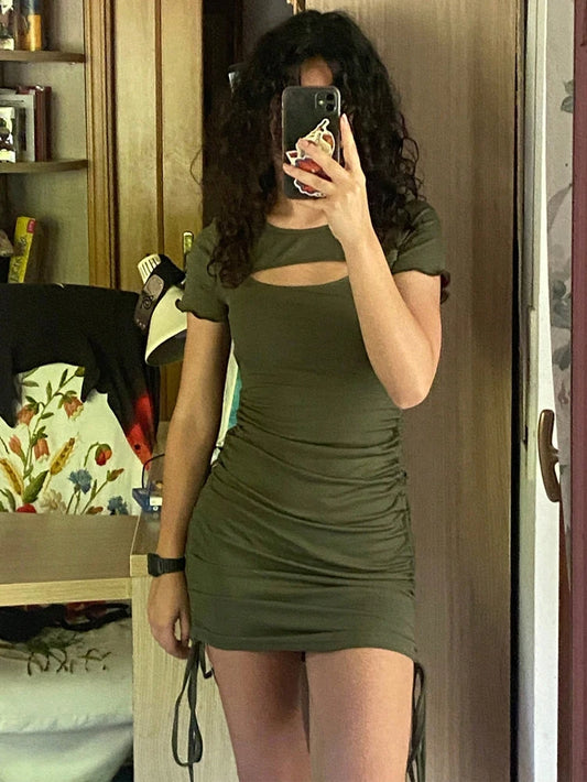 2025 Solid Color One-Piece Dress with Side Drawstring Pleats Chest Slit Slim Fit Polyester Material for Women