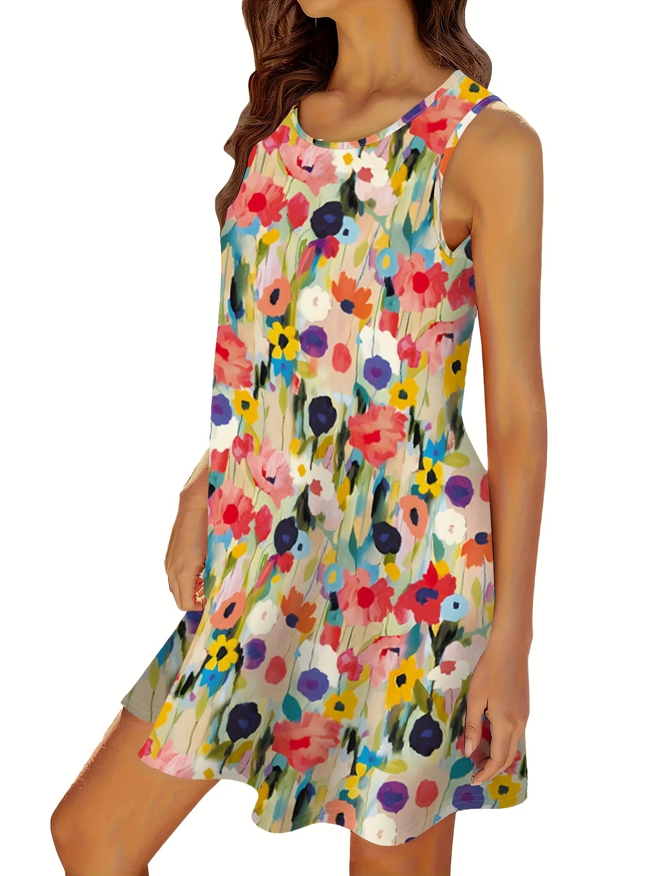 Women's Sleeveless Round Neck Colorful Watercolor Floral Print Flowy Mini Dress, Casual Summer