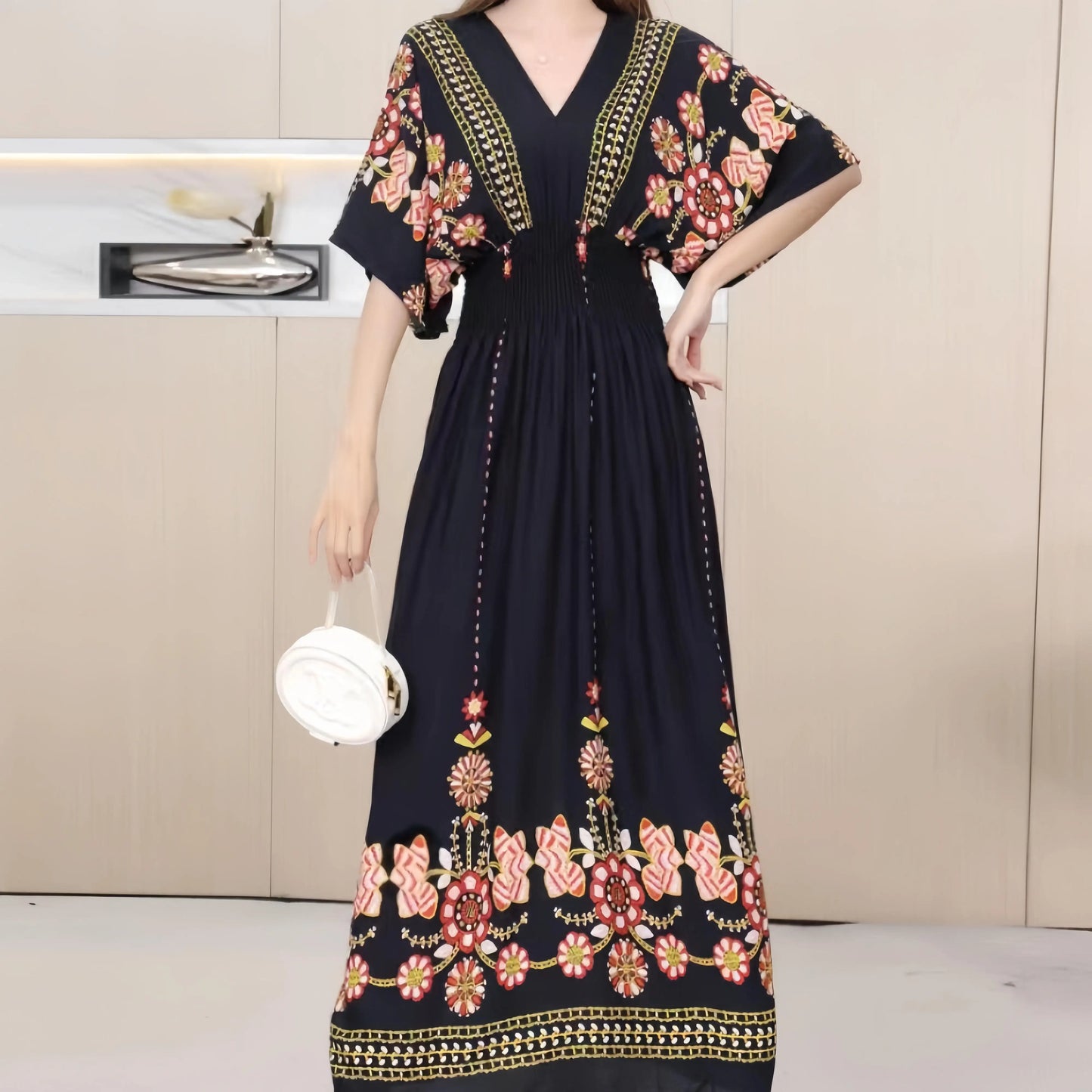 Elegant Vintage Women's Midi Dress V-Neck Retro Print Dress High Street Office Lady's Dress Short Sleeve A-Line Dress Boho Chic