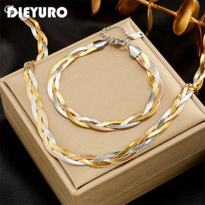 DIEYURO 316L Stainless Steel 3in1 Crossover Snake Chain Necklace Bracelets For Women Girl New Fashion Waterproof Jewelry Set