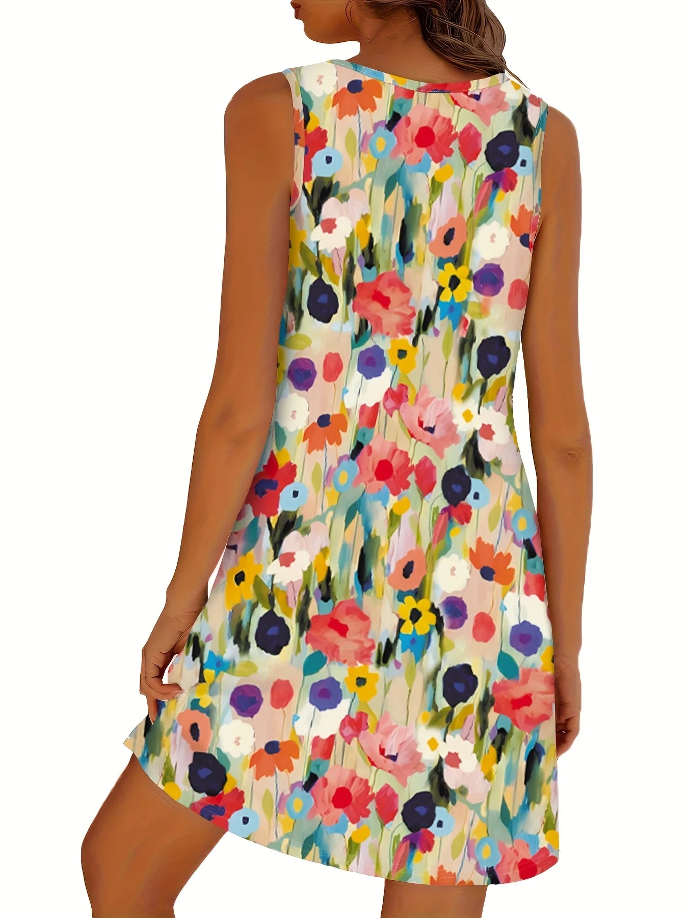 Women's Sleeveless Round Neck Colorful Watercolor Floral Print Flowy Mini Dress, Casual Summer