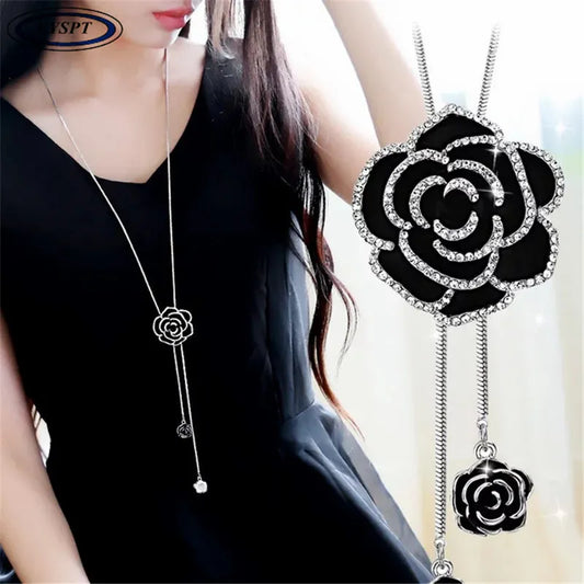 Fashion Black Rose Flower Long Necklace Sweater Chain Metal Crystal Pendant Necklaces Adjusted